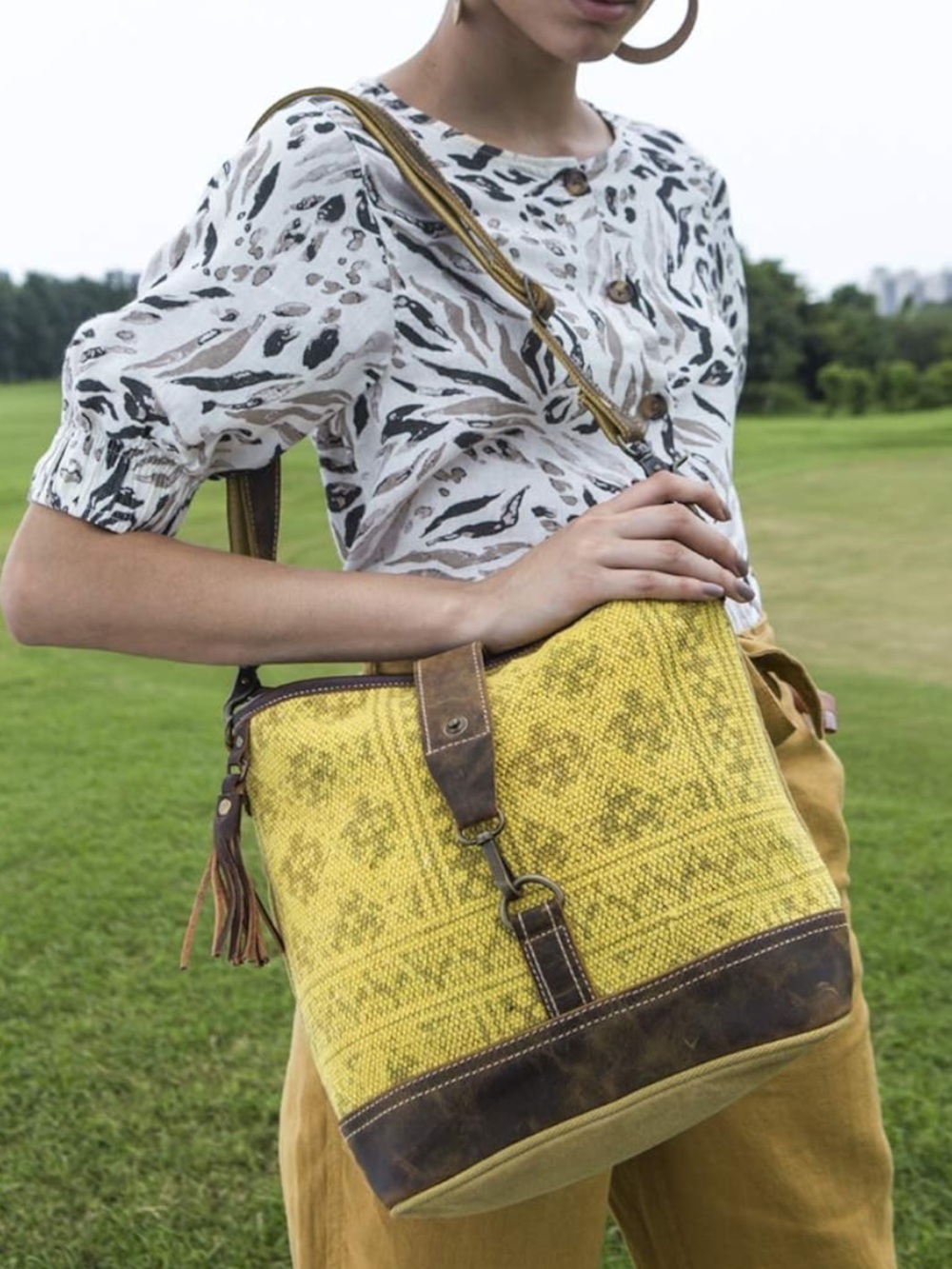 Myra Bag Fervor Canvas & Leather Shoulder Bag (S-1939) in Yellow Woven